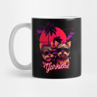 Yorkie's With Sunglasses and Retro Palm Tree Sunset Mug